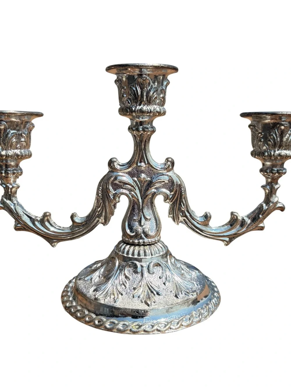 Ornate Silver Three-Arm Candelabra Decorative Centerpiece